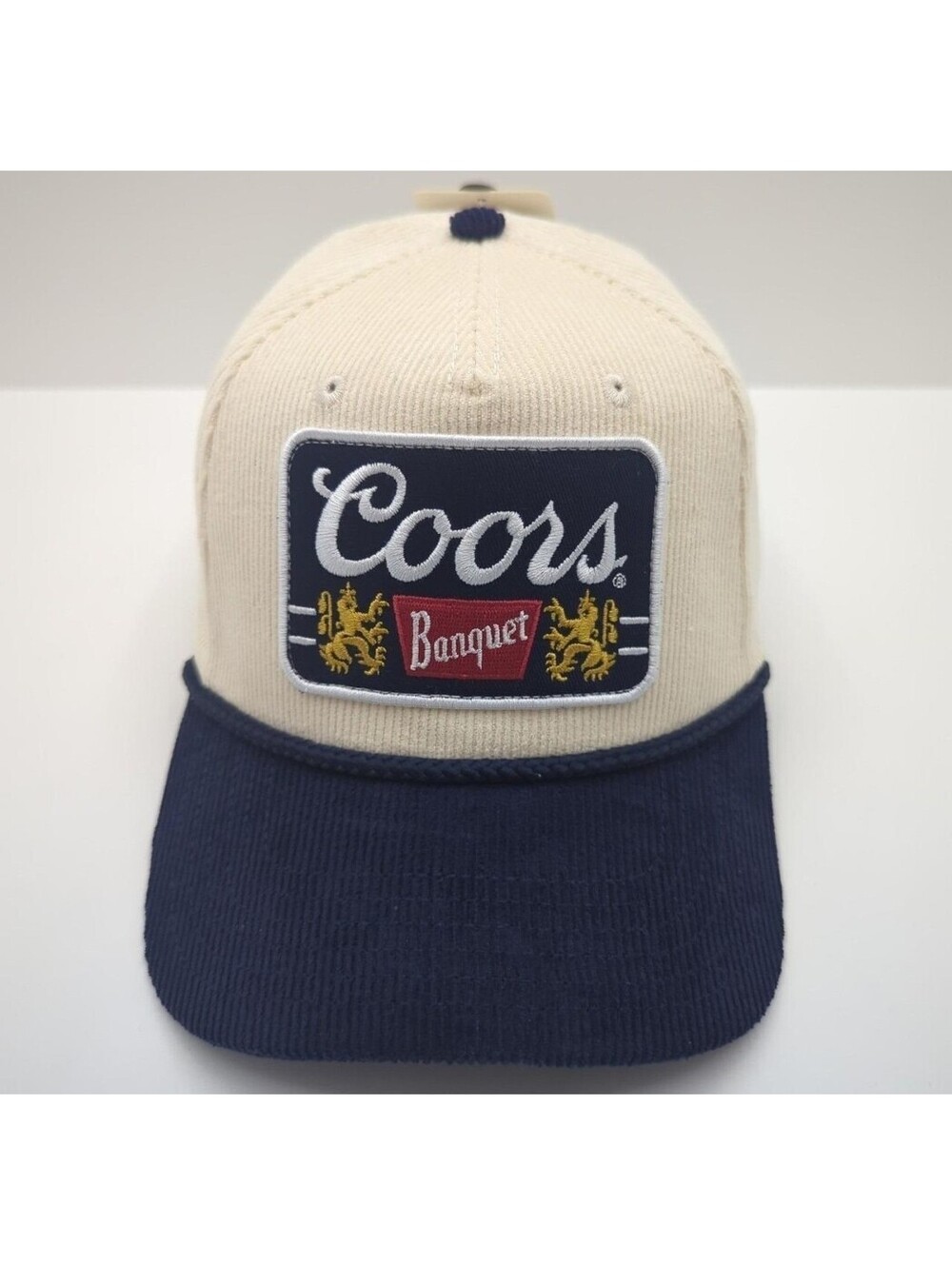NWT Men's Coors Banquet Beer Embroidered Patch Cream/ Navy Corduroy Cap Hat